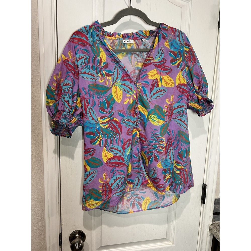 Robert Graham Mila Cotton Tropical Floral Purple Button Down Women Blouse Top M